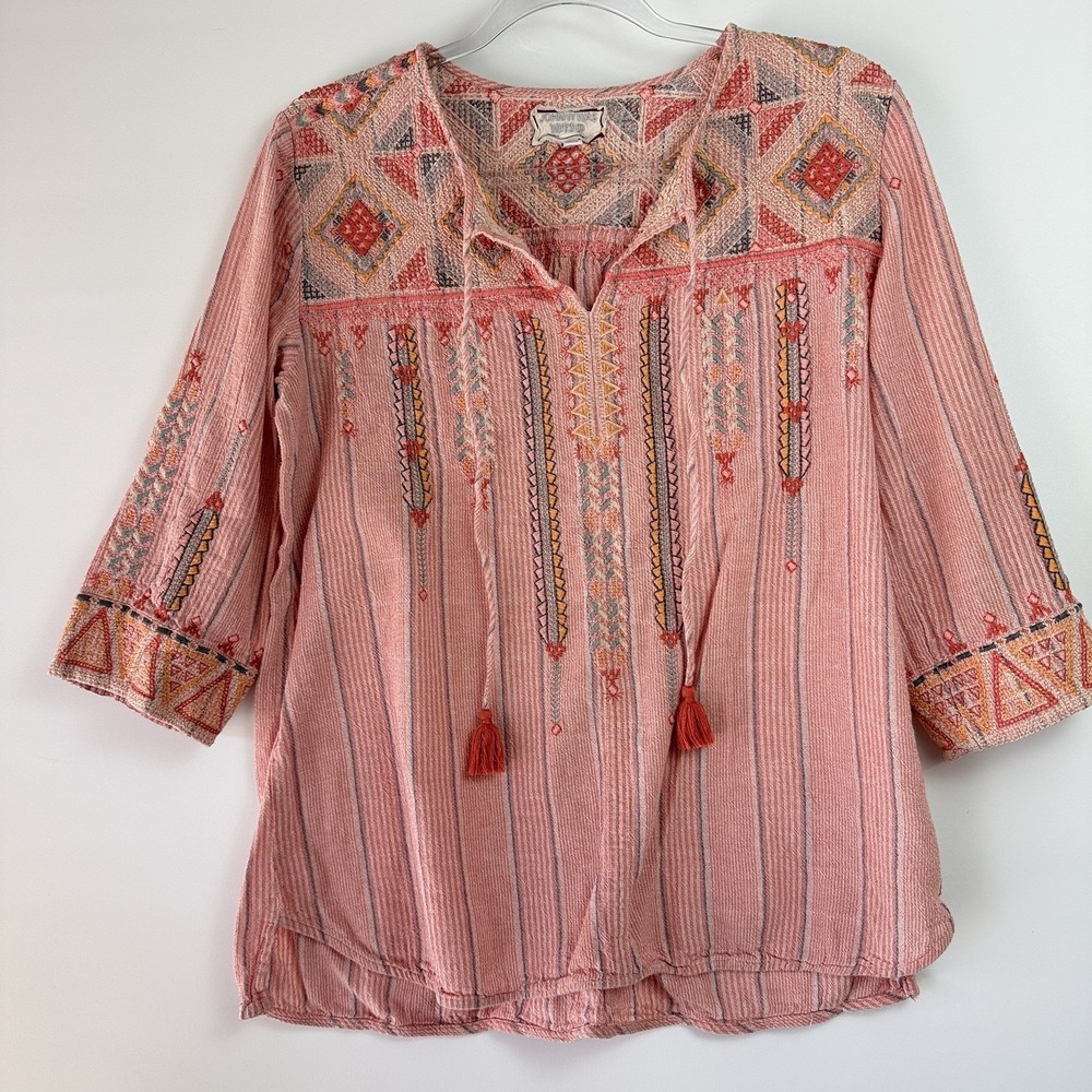 Johnny Was Thora Nomad Embroidered Pink Boho Peasant Blouse XS